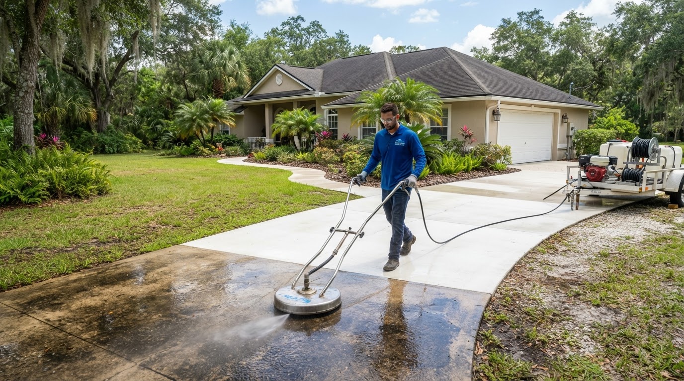 Professional pressure washing of a residential driveway and walkway serving DeLeon Springs, Florida