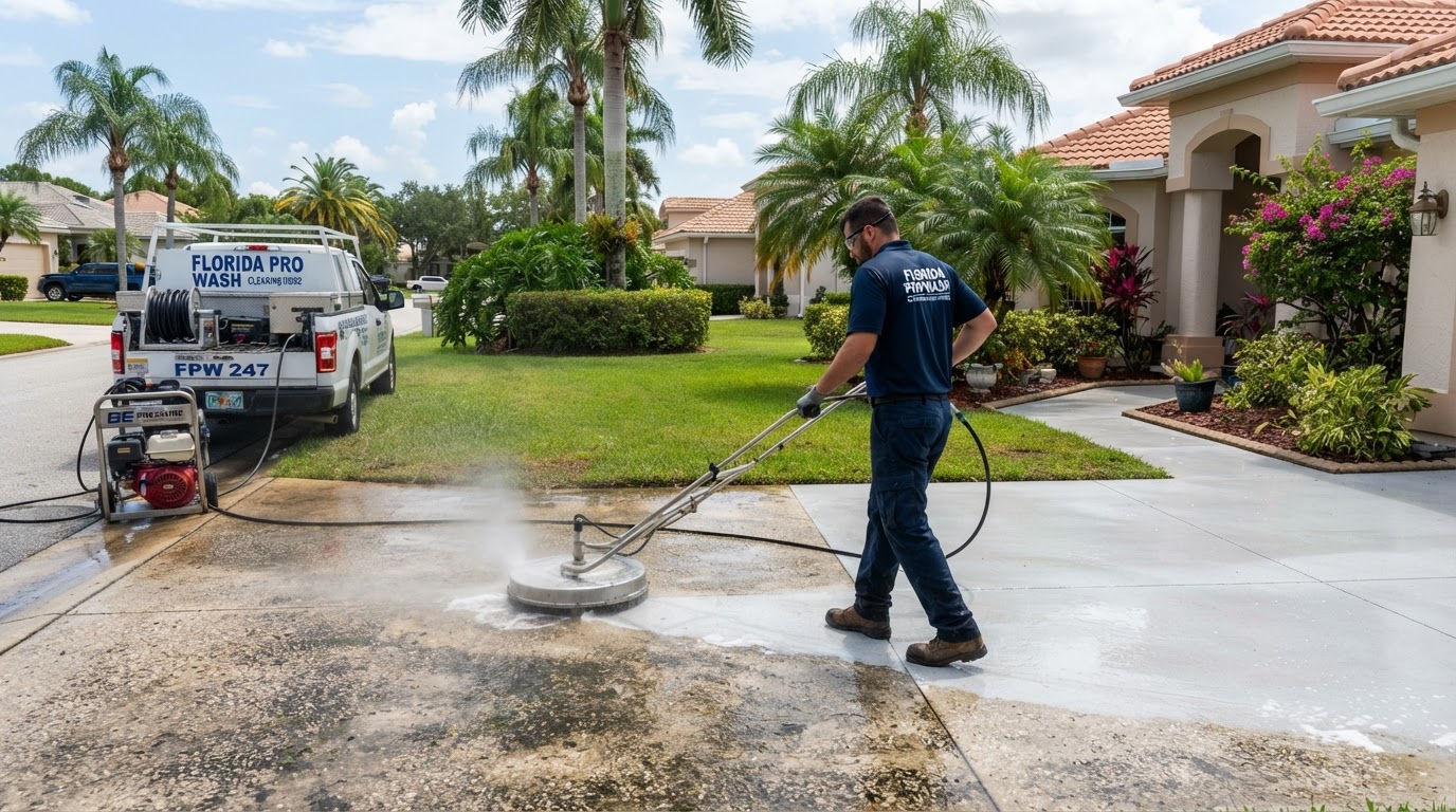 Professional pressure washing of a residential concrete driveway and walkway serving Glencoe, Florida