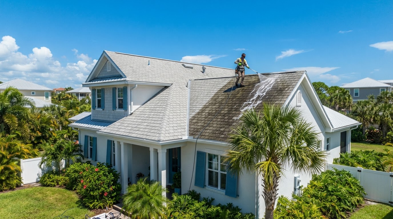 Roof soft washing on a coastal residential home serving Flagler Beach, Florida