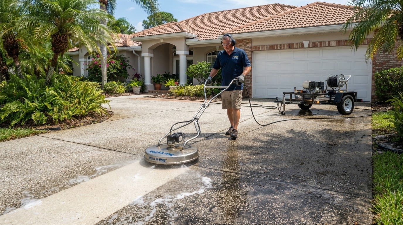 Residential concrete driveway being pressure washed with a surface cleaner near New Smyrna Beach, Florida