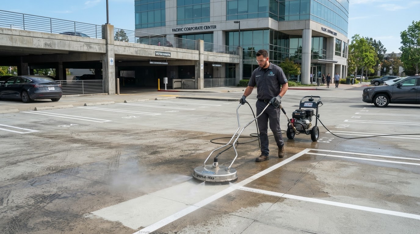 Commercial parking lot concrete surface cleaning with a surface cleaner near New Smyrna Beach, Florida