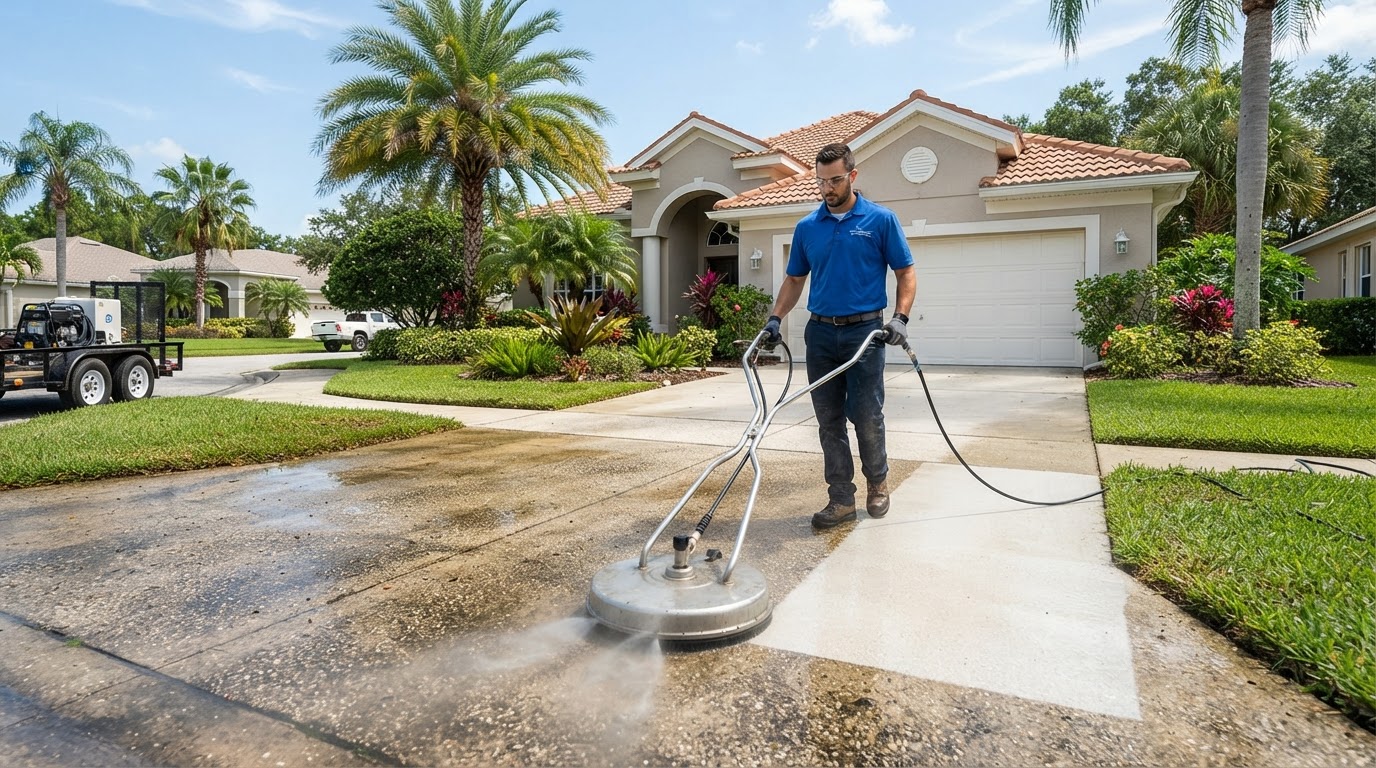 Professional pressure washing of a residential concrete driveway serving DeLand, Florida