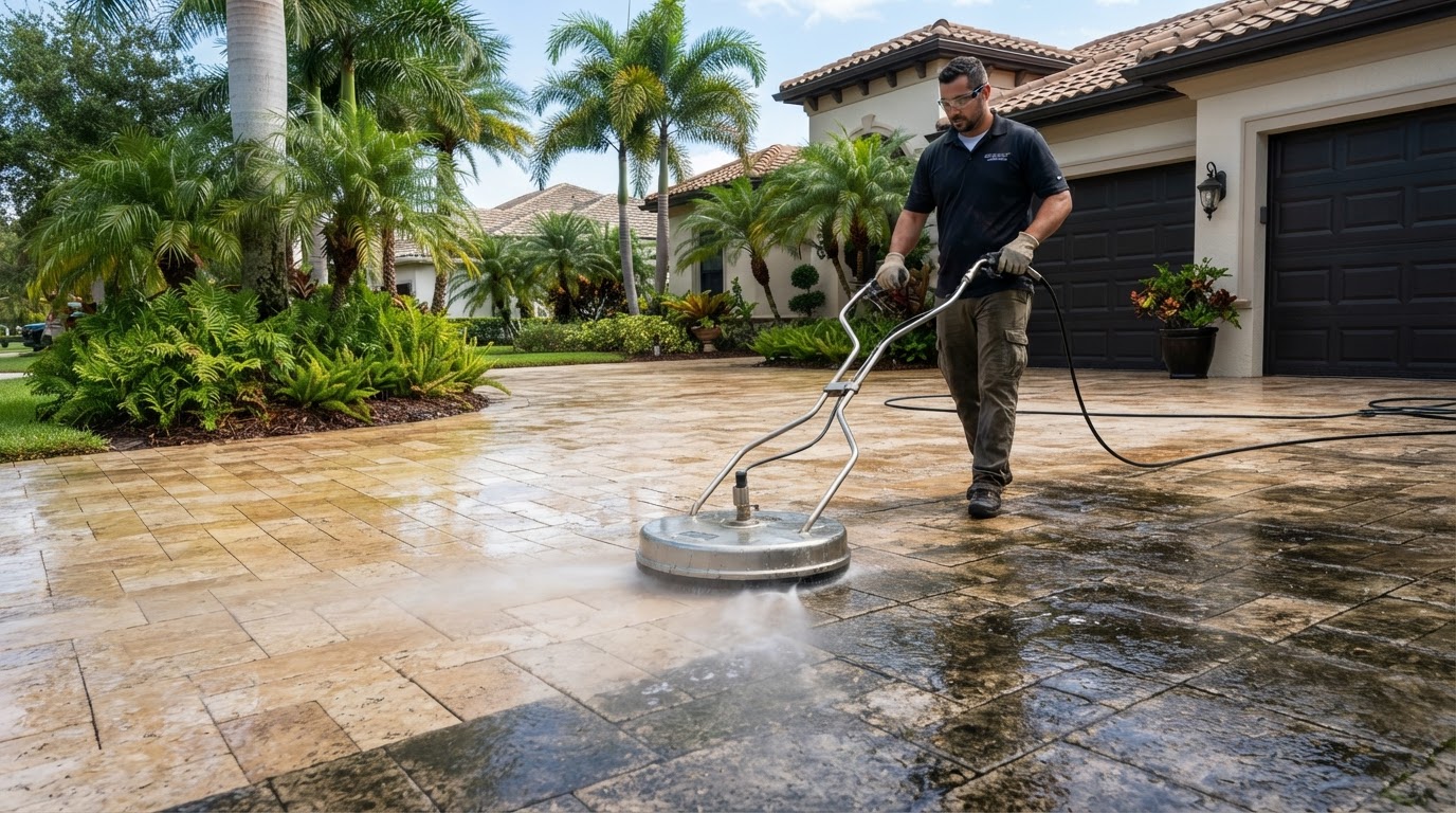 Brick paver driveway being pressure washed with a surface cleaner, showing clean and dull contrast near New Smyrna Beach, Florida