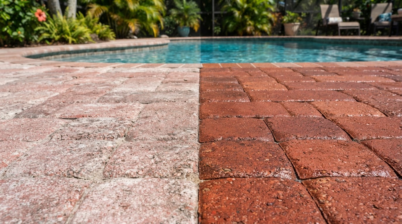 Faded dull pavers next to color-restored enhanced pavers near New Smyrna Beach, Florida