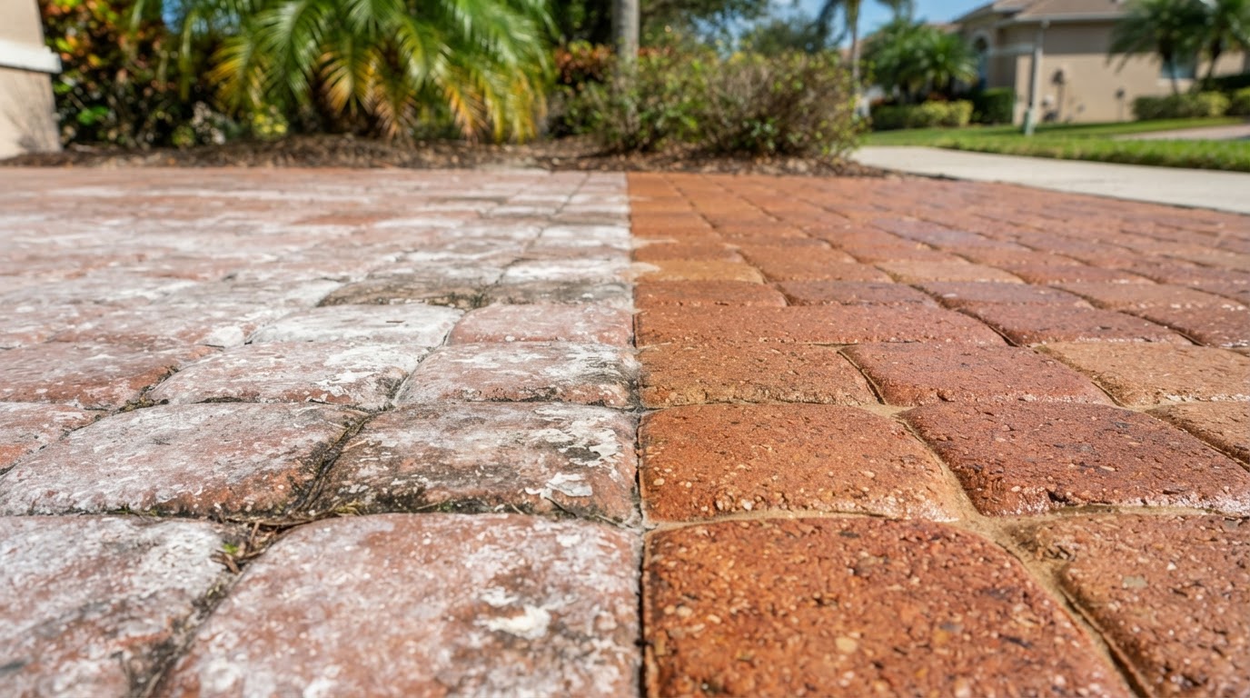 Cloudy, milky-white failed paver sealer next to properly restored brick pavers near New Smyrna Beach, Florida