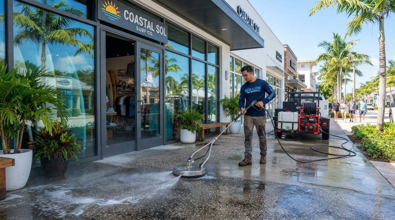 Storefront entrance and concrete sidewalk pressure washing at a Florida retail shop near New Smyrna Beach, Florida