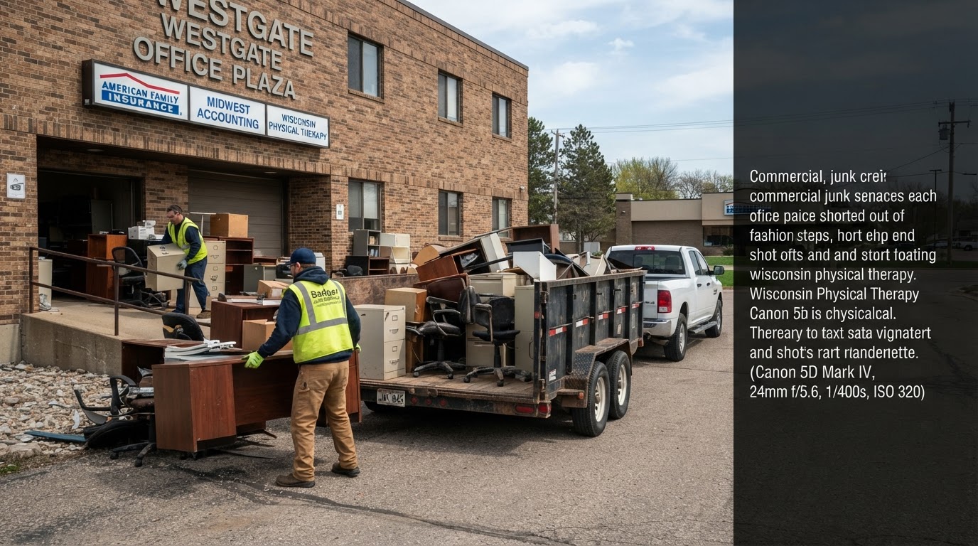 Commercial junk removal crew loading old desks, office chairs and filing cabinets onto a hauling trailer outside a Fond Du Lac Wisconsin business