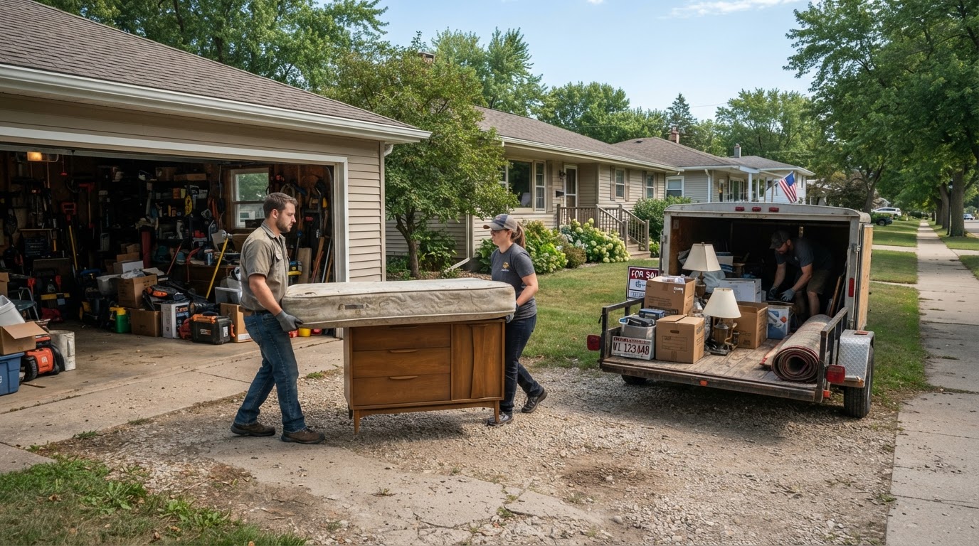 Moul Junk Removal crew carrying an old mattress, dresser and boxed household clutter out of a garage into a utility trailer at a home in Mayville Wisconsin
