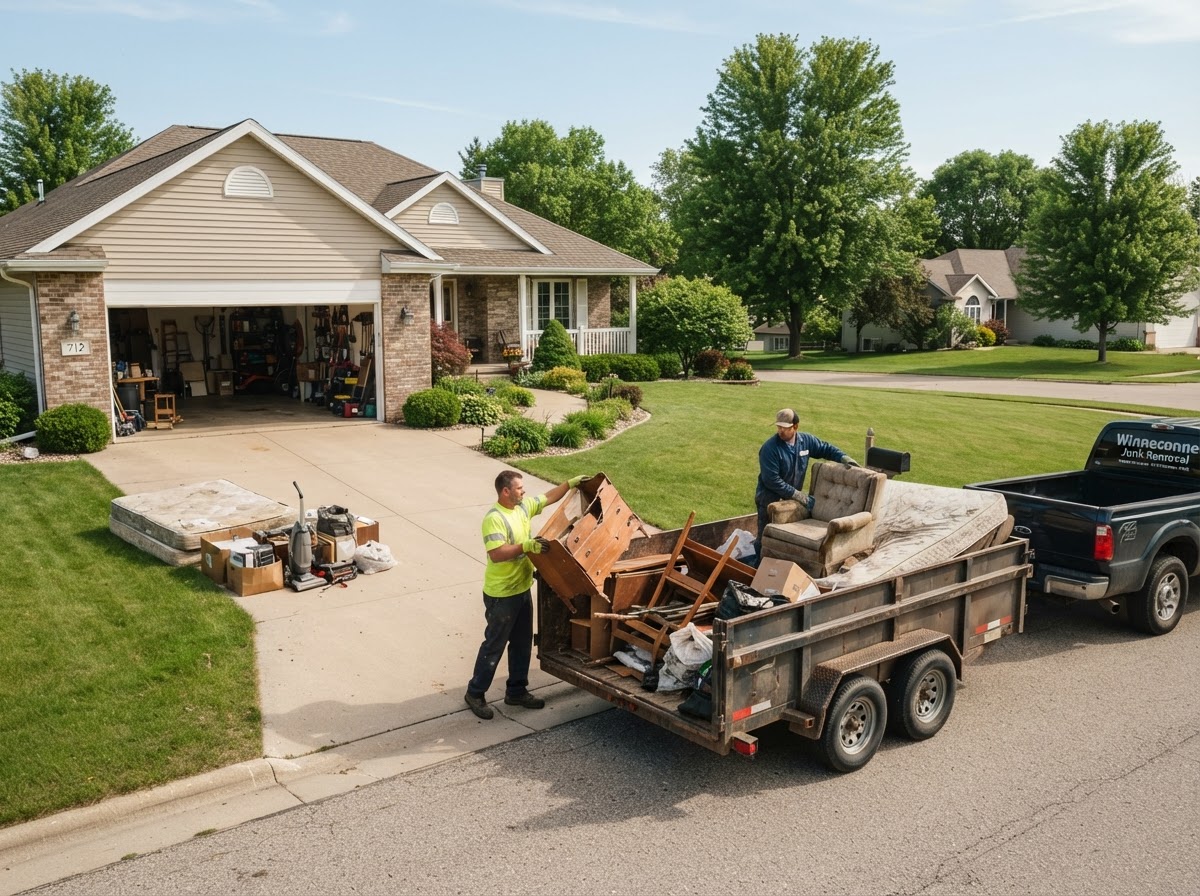 Moul Junk Removal workers loading broken furniture and garage clutter into a trailer at a residential property near Winneconne Wisconsin