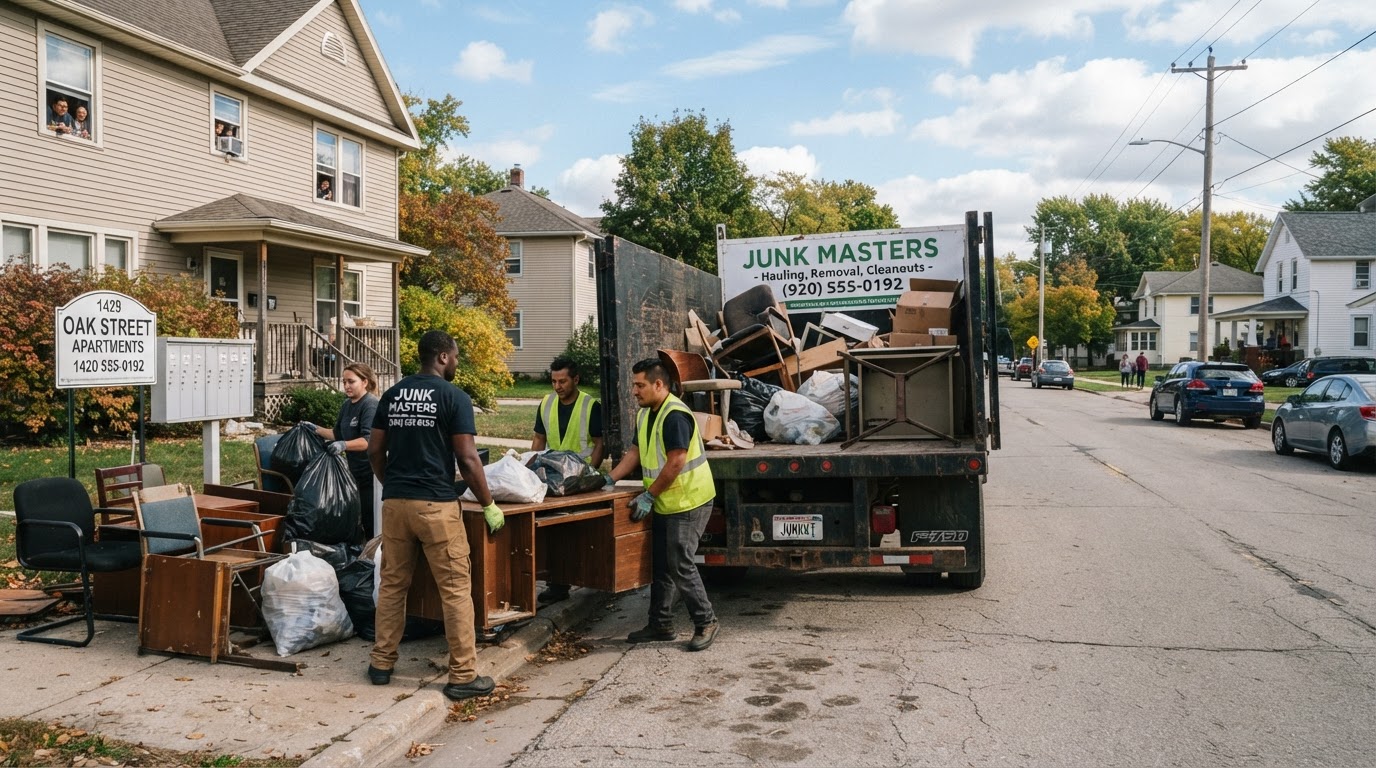 Moul Junk Removal crew loading old office chairs, desks and bagged debris into a hauling truck outside a residential rental property in Plymouth Wisconsin
