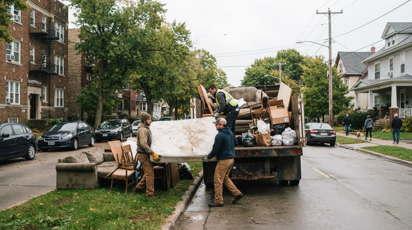 Moul Junk Removal crew loading old furniture, mattresses and boxed household items from the curb of a residential street in Oshkosh Wisconsin