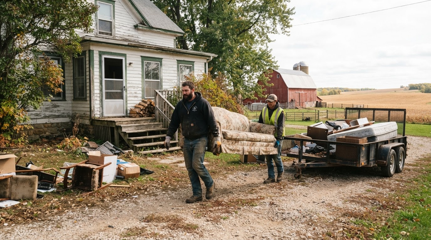Moul Junk Removal crew carrying an old couch and broken furniture out of a rural Wisconsin farmhouse near Brandon, with a hauling trailer in the driveway