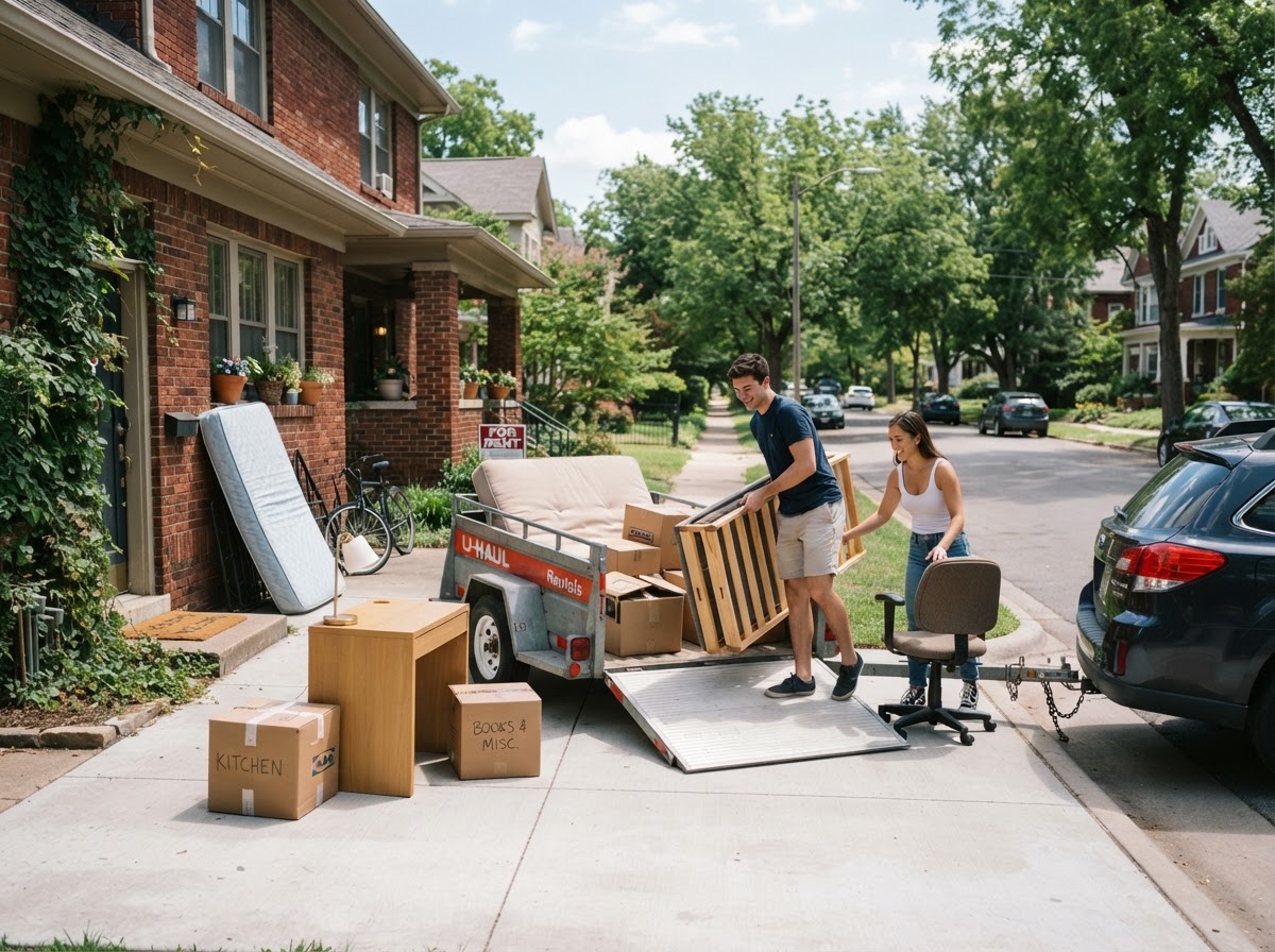 A desk, desk chair, futon and boxes of belongings being loaded into a trailer during a student apartment move-out in Fond Du Lac Wisconsin