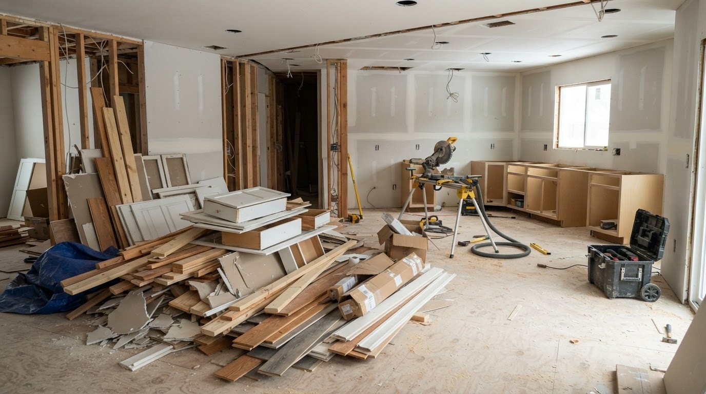 Remodeling area with construction debris before debris removal near Fond Du Lac Wisconsin
