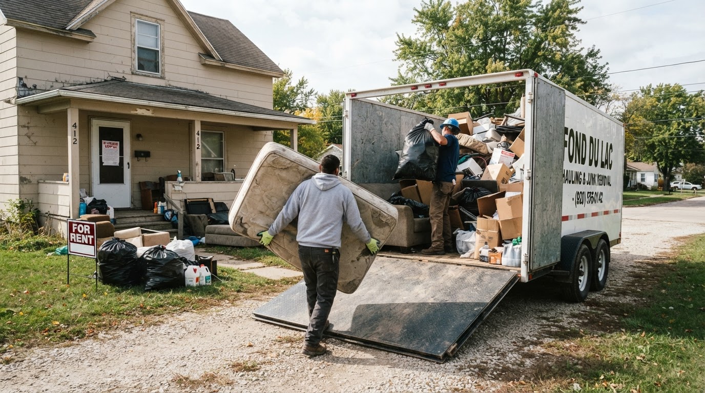 Workers loading abandoned furniture and bagged debris from a vacant rental property into a hauling trailer during an eviction cleanout in Fond Du Lac Wisconsin