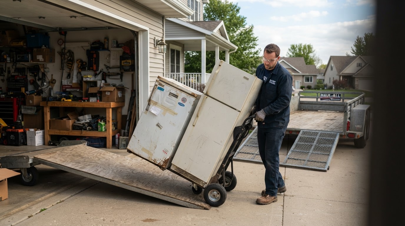 Worker wheeling an old upright freezer and kitchen refrigerator on an appliance dolly out of a Fond Du Lac Wisconsin garage for removal