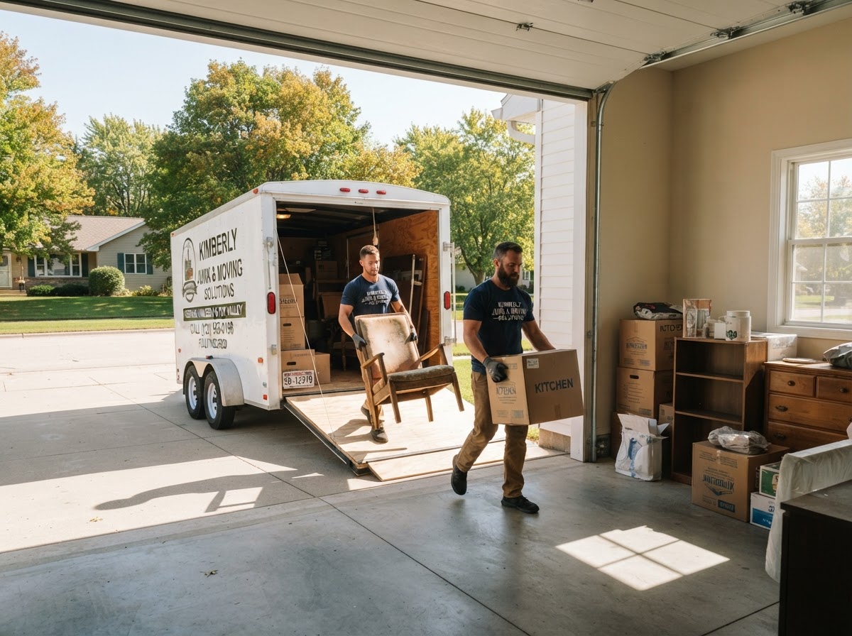 Workers clearing boxes, old furniture and household contents from a clean residential garage in Kimberly Wisconsin and loading items into a white hauling trailer