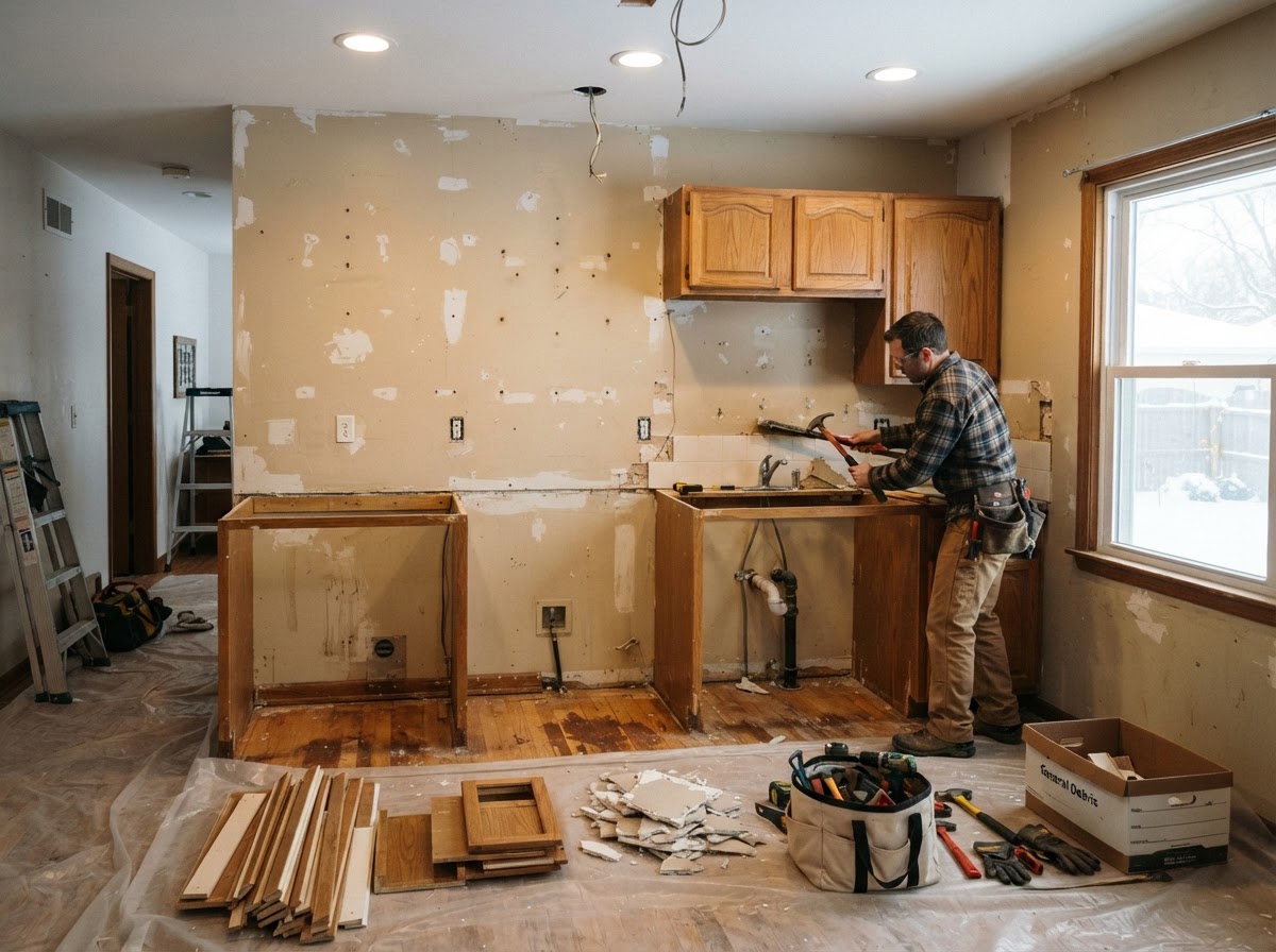 Interior demolition scene with old kitchen cabinets and drywall being carefully removed during a home renovation in Fond Du Lac Wisconsin