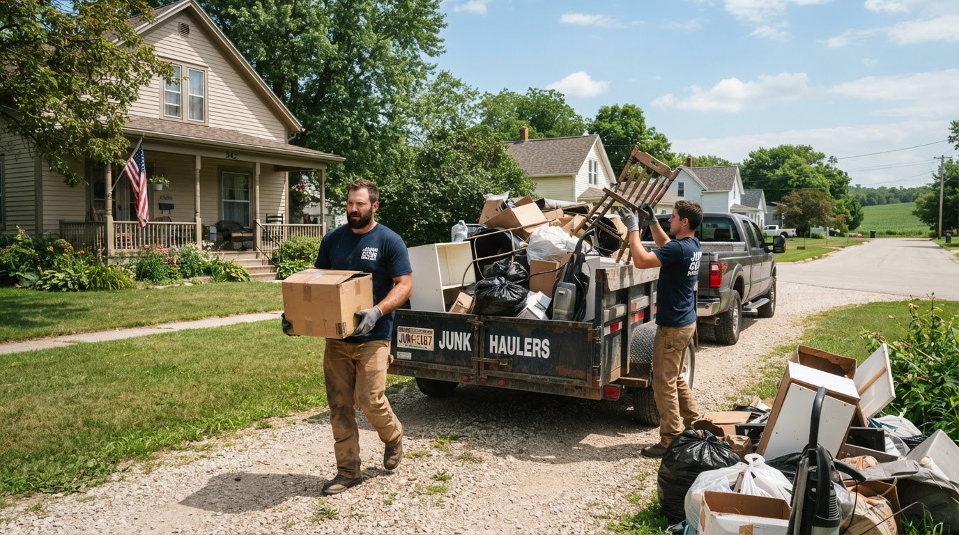 Moul Junk Removal crew clearing boxes and old household clutter from the driveway of a residential property in Waupun Wisconsin, loading items into a utility trailer