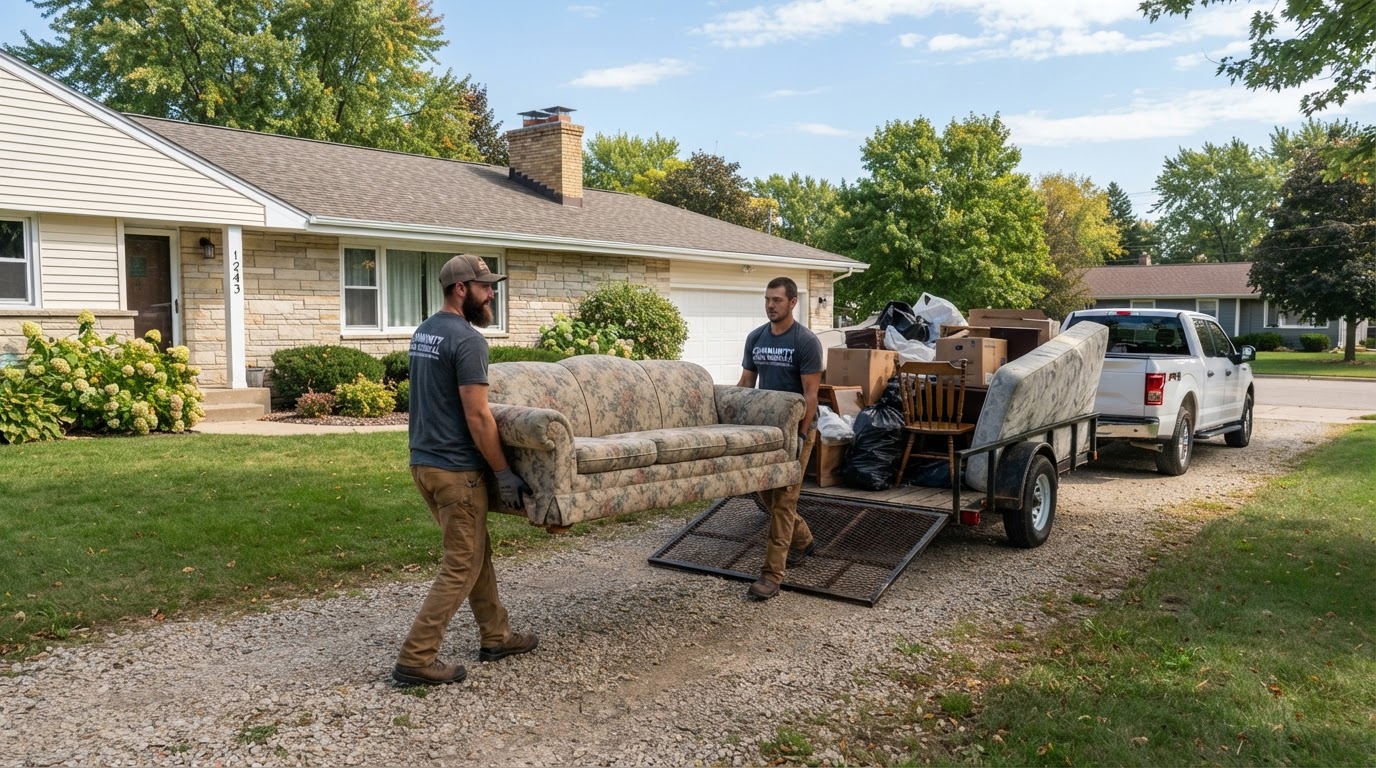 Moul Junk Removal crew loading unwanted furniture and boxes into a utility trailer from a driveway at a home in Oakfield Wisconsin