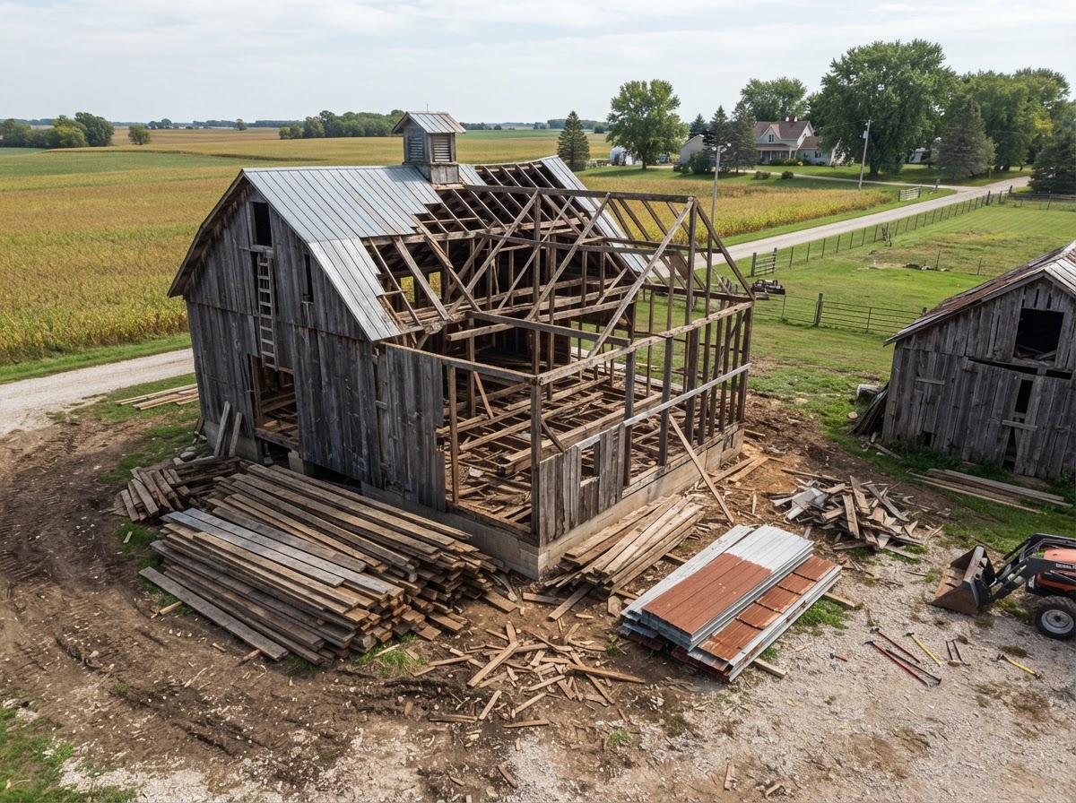 An aging wooden farm outbuilding and small barn being carefully dismantled with lumber and metal roofing debris organized nearby at a rural Fond Du Lac County Wisconsin property