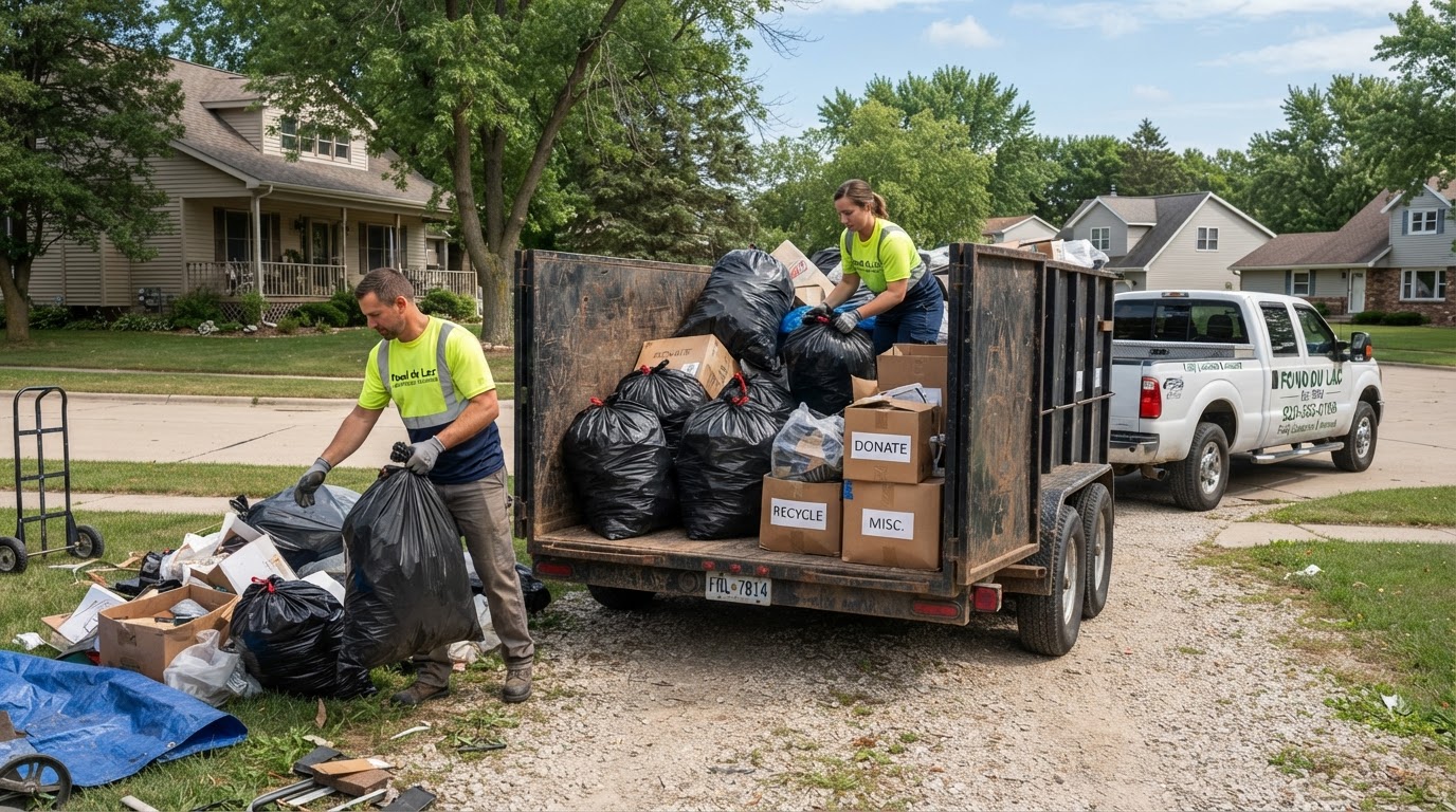Bagged household debris and boxed unwanted contents being loaded into a hauling trailer during a property cleanup in Fond Du Lac Wisconsin