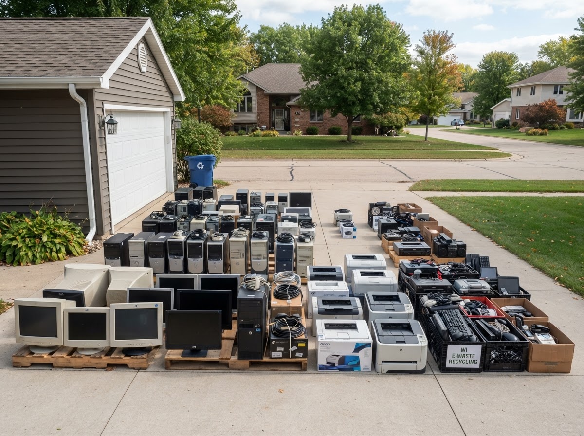 Organized pile of old computers, monitors and small electronics prepared for e-waste removal at a Fond Du Lac Wisconsin property