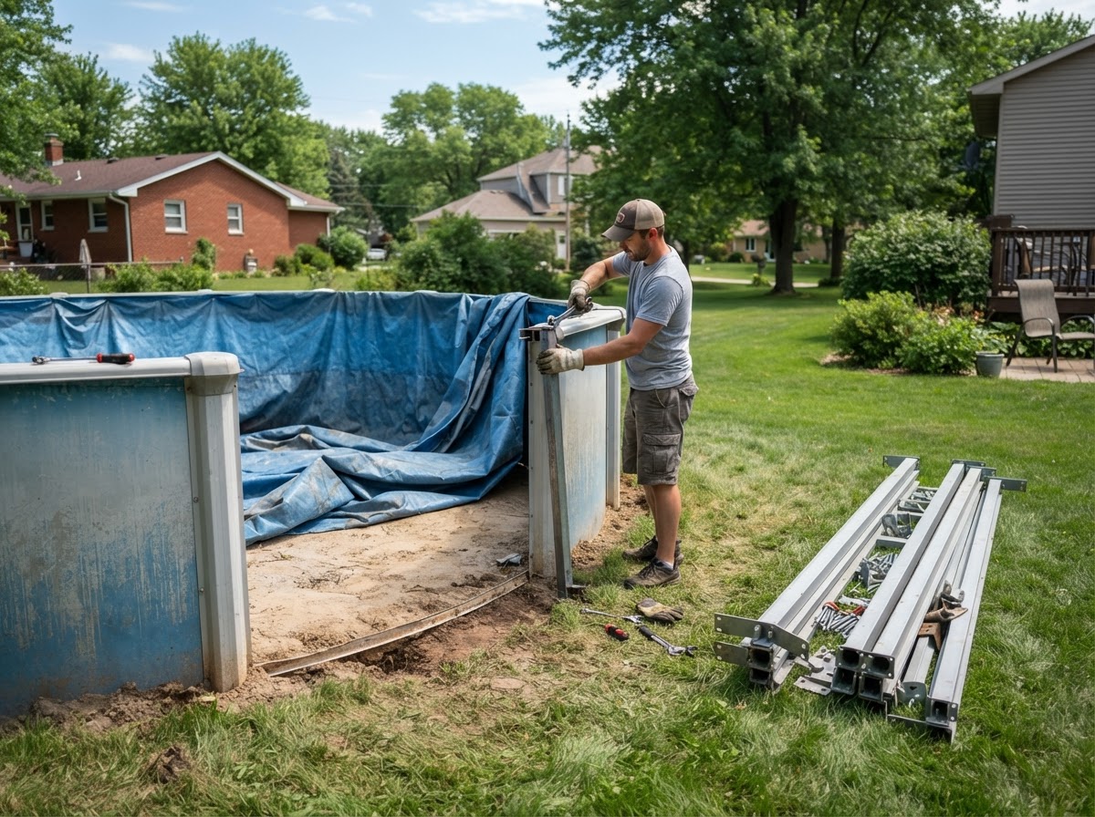 An old above-ground swimming pool being dismantled with metal walls and frame taken apart at a residential property in Fond Du Lac Wisconsin