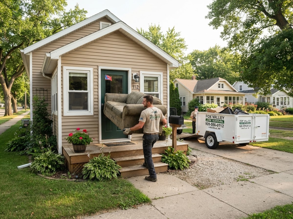 Worker carrying an old couch out the front door of a tidy residential rental home in Little Chute Wisconsin with a white junk removal trailer in the driveway