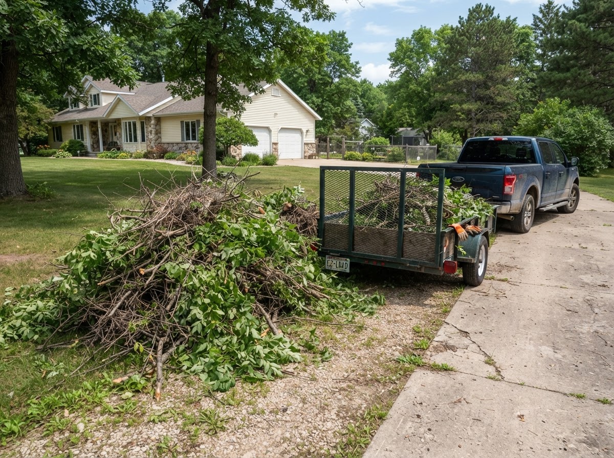 Pile of already-cut branches and brush being loaded into a hauling trailer during a brush removal job at a Fond Du Lac Wisconsin property