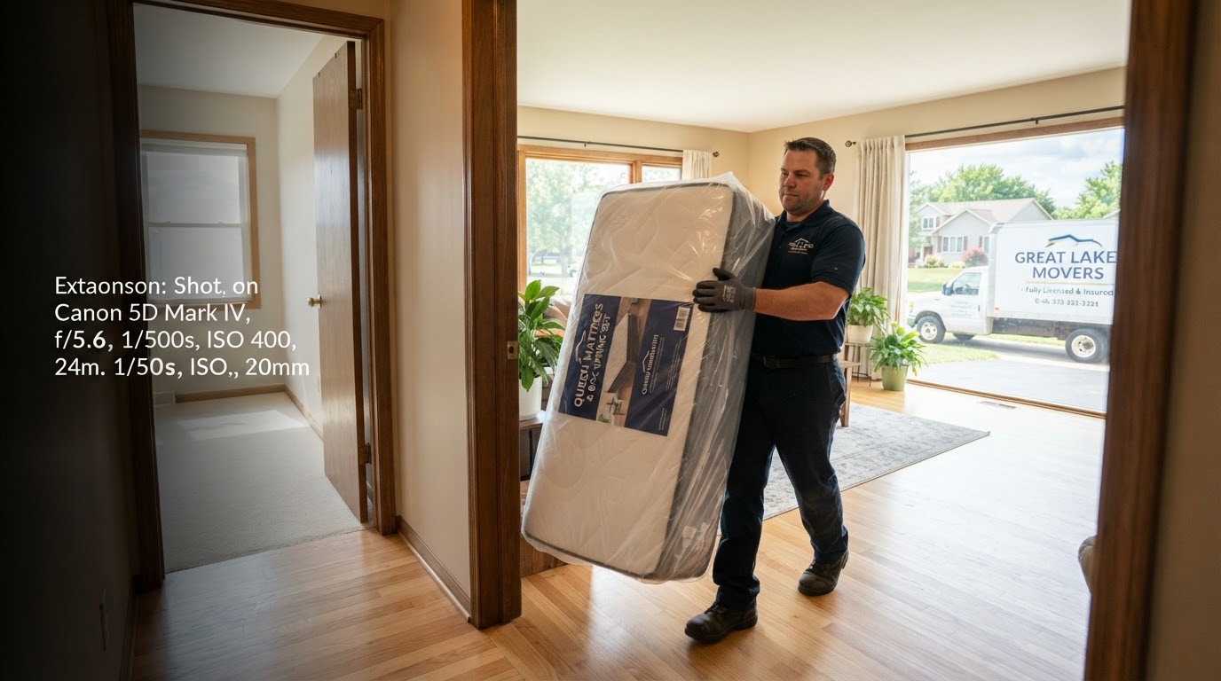 Worker carrying a queen size mattress and box spring out of a Fond Du Lac Wisconsin home for mattress removal