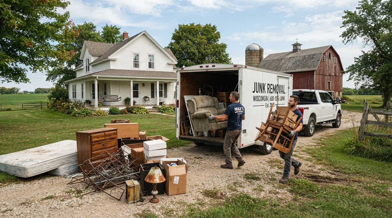 Moul Junk Removal crew loading old furniture, scrap items, boxes and garage cleanout debris into a white utility trailer from the driveway of a rural country home with an outbuilding near Lomira Wisconsin