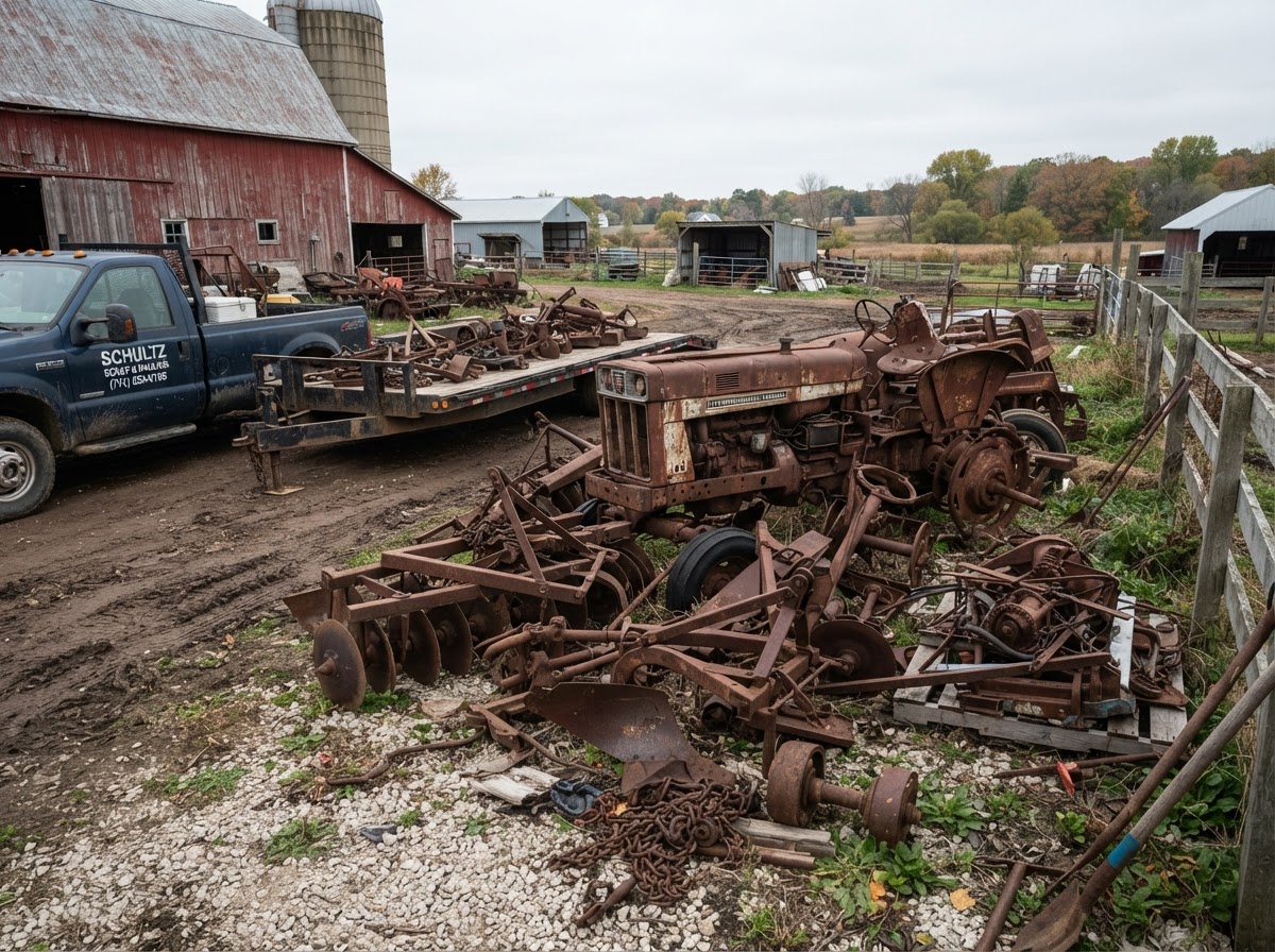 Old rusted non-operational farm equipment and scrap metal machinery sitting in a farmyard being evaluated for removal and hauling at a rural Fond Du Lac County Wisconsin property