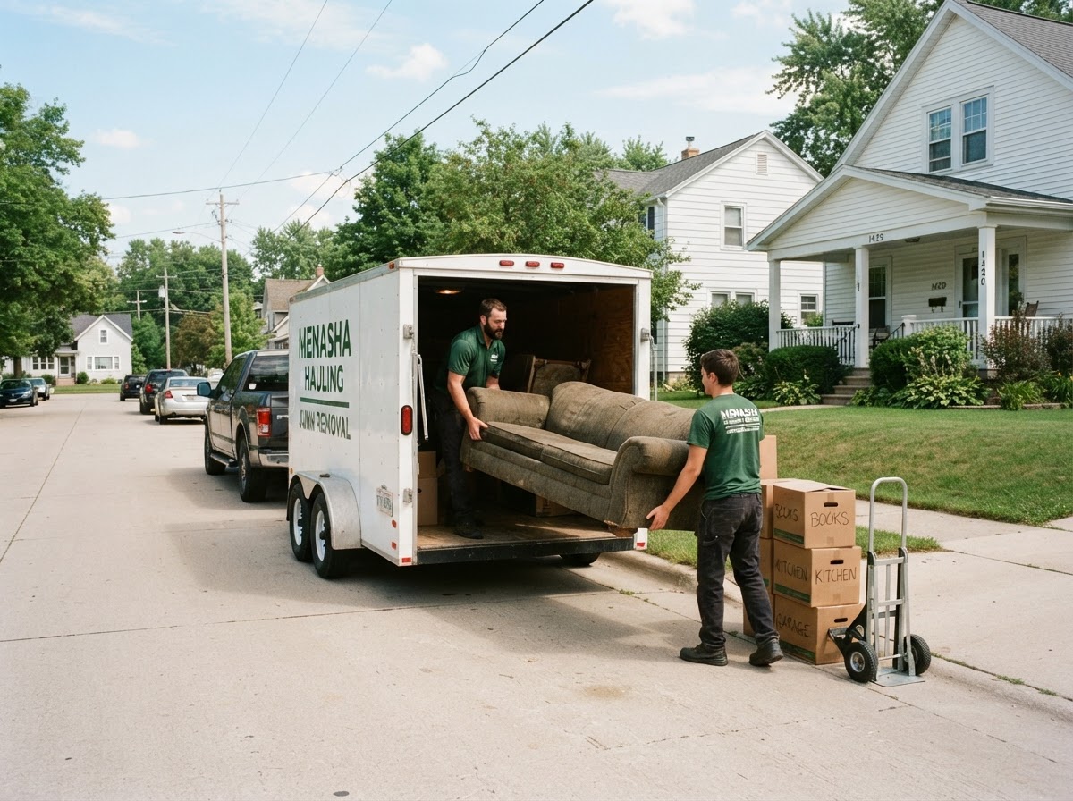 Moul Junk Removal workers loading an old couch and stacked moving boxes into a white hauling trailer at a tidy residential home in Menasha Wisconsin