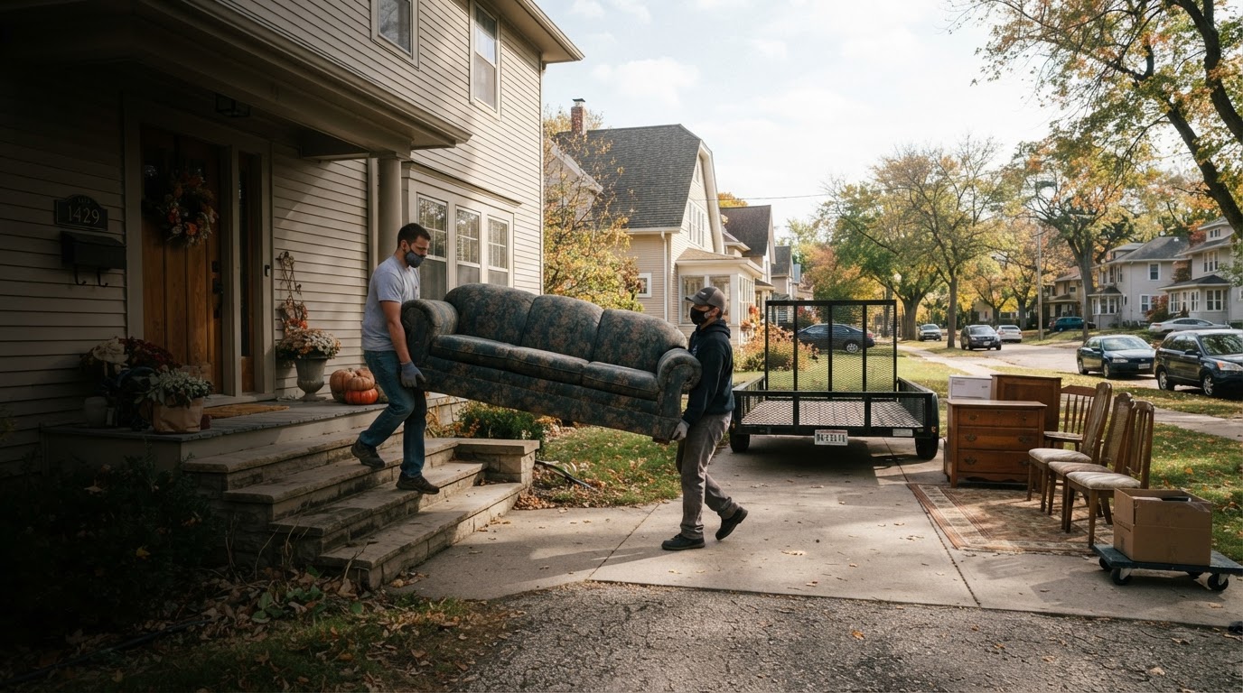 Workers carrying an old sofa couch out the front door of a Fond Du Lac Wisconsin home for furniture removal