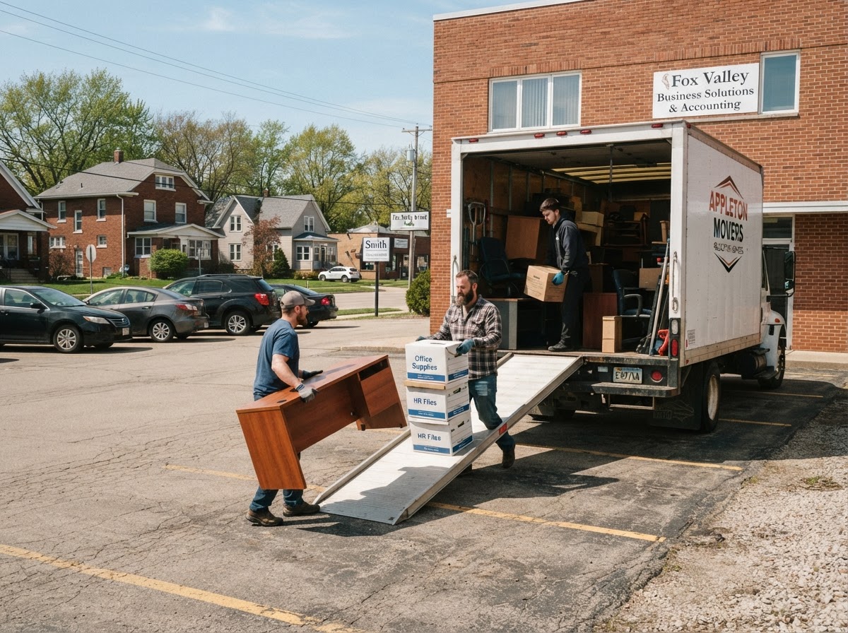 Moul Junk Removal crew loading office furniture, desks and stacked boxes into a clean white hauling truck at a commercial property in Appleton Wisconsin