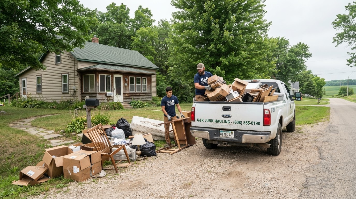 Moul Junk Removal workers clearing old boxes, broken furniture and household junk from the driveway of a small rural residential property in Campbellsport Wisconsin, loading debris into a pickup truck