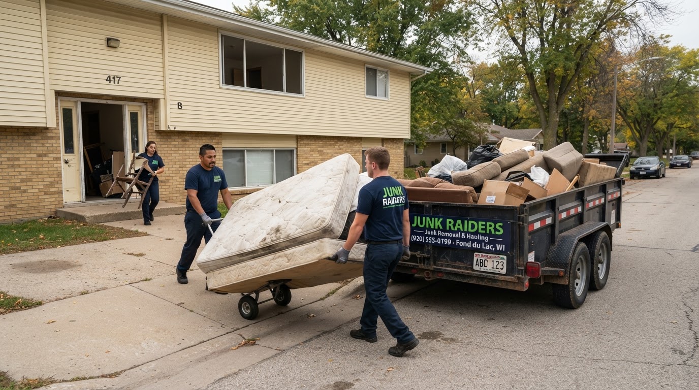 Crew removing old furniture and boxes from a vacant apartment during a tenant turnover cleanout in Fond Du Lac Wisconsin