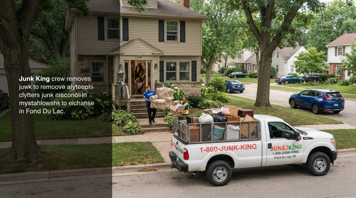 Residential junk removal crew carrying household clutter and an old armchair out of a Fond Du Lac Wisconsin home