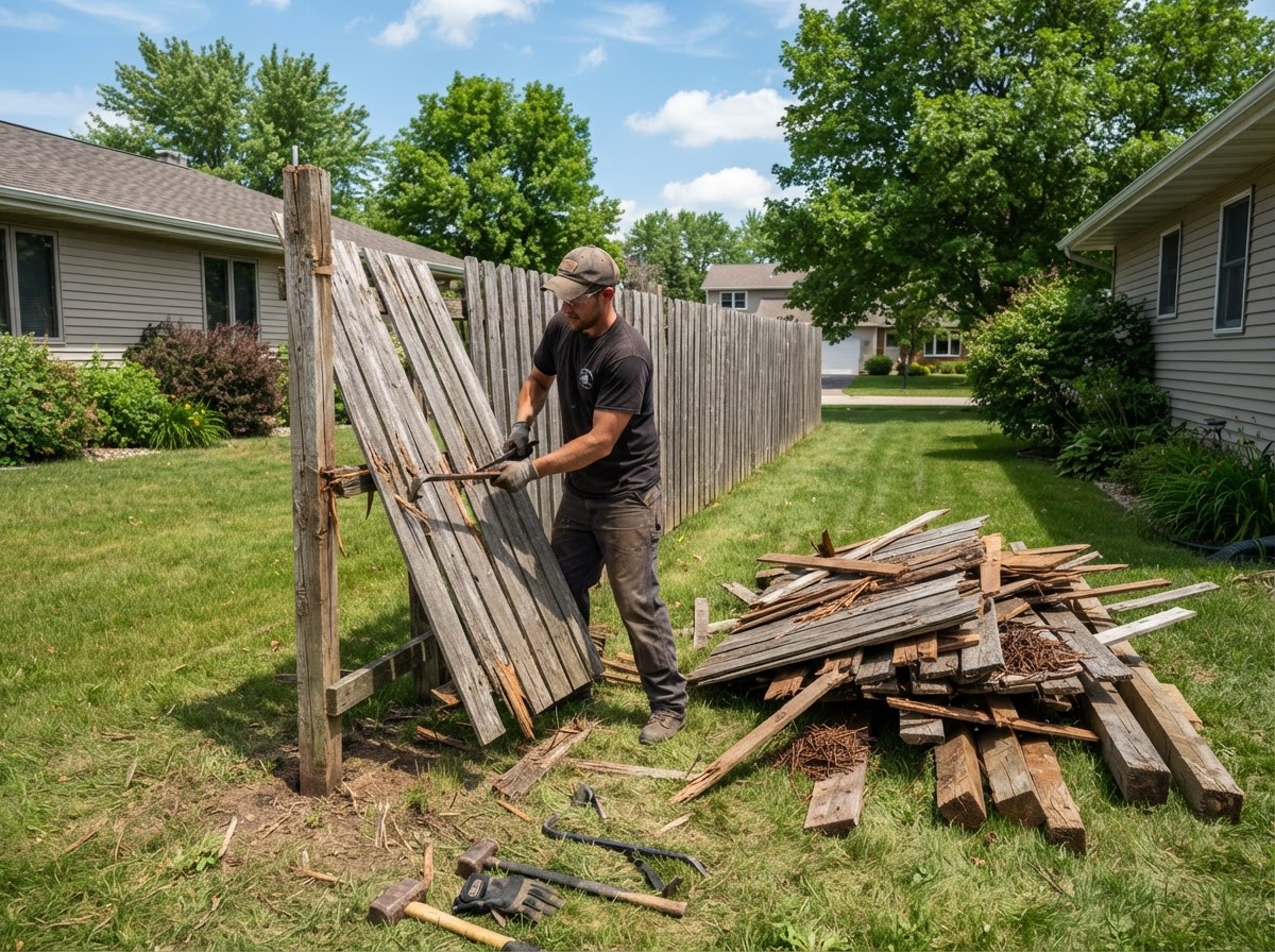An old residential wood privacy fence being removed with panels and posts stacked as debris for hauling at a Fond Du Lac Wisconsin yard
