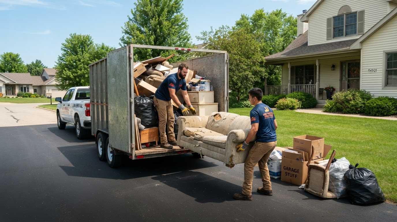 Moul Junk Removal crew loading unwanted furniture and household junk into a hauling trailer at a Fond Du Lac Wisconsin home