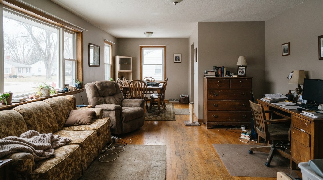 Cluttered garage filled with boxes and household junk before junk removal in Fond Du Lac Wisconsin