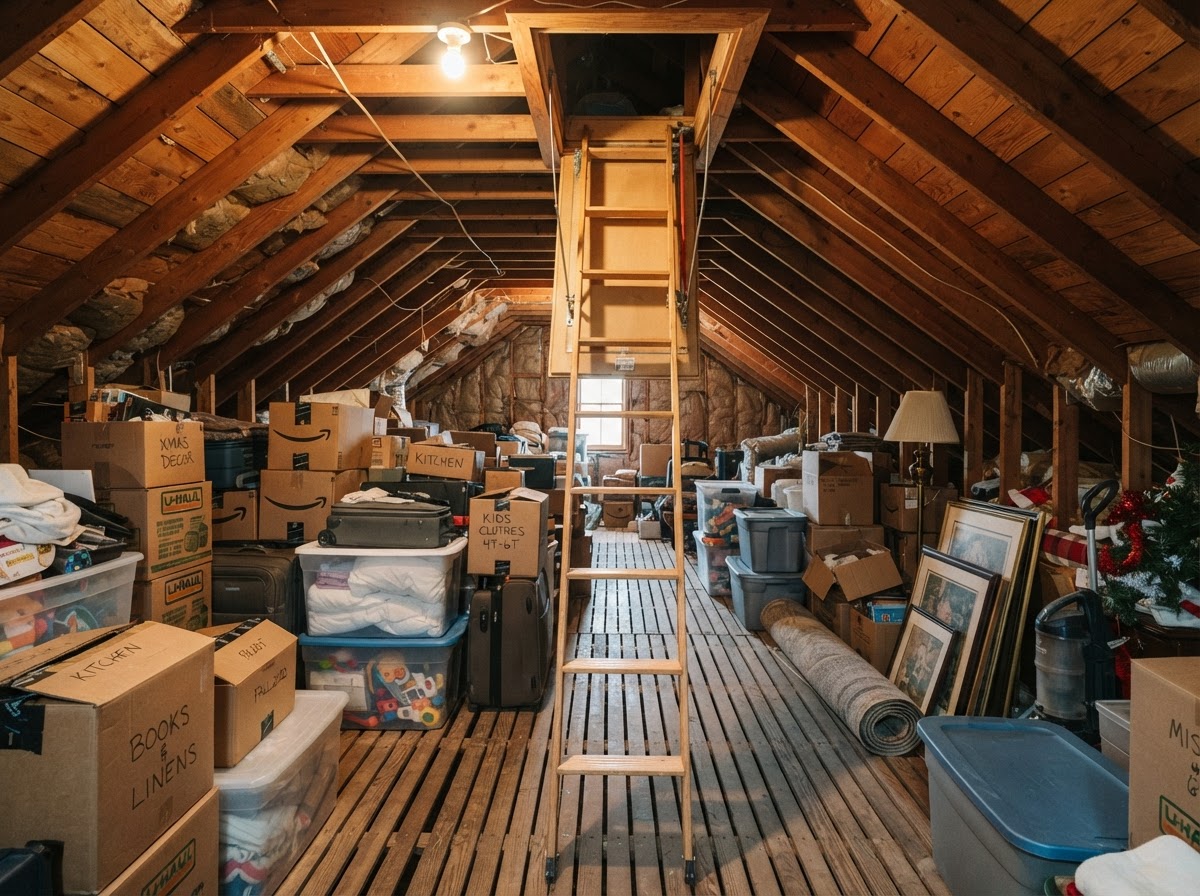 Worker carefully lowering boxes and stored household items from an attic access hatch during an attic cleanout in a Fond Du Lac Wisconsin home