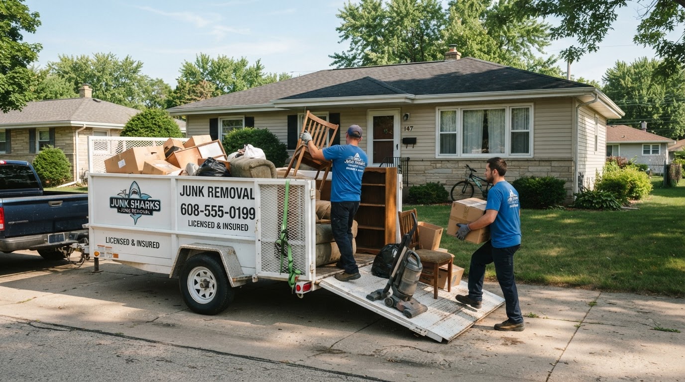Moul Junk Removal crew loading unwanted furniture and boxes into a utility trailer from a driveway at a home in North Fond du Lac Wisconsin