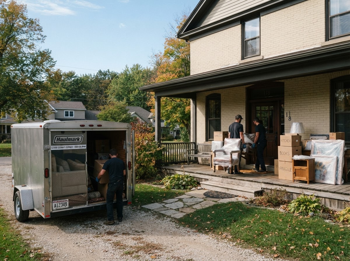 Workers carefully carrying wrapped furniture and labeled boxes out the front door during an estate cleanout at a Fond Du Lac Wisconsin home