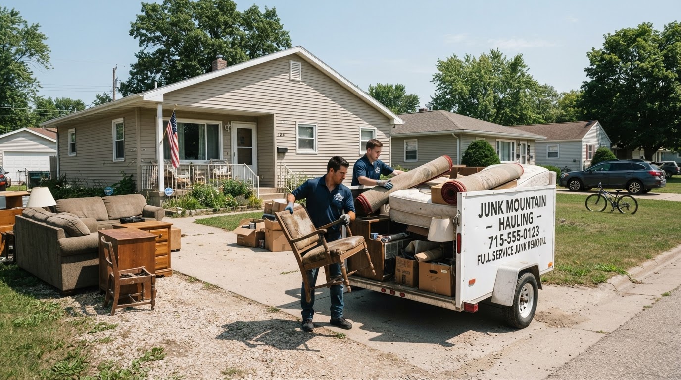 Moul Junk Removal crew loading old furniture, boxes and household clutter into a white utility trailer in the driveway of a single-story home in Chilton Wisconsin