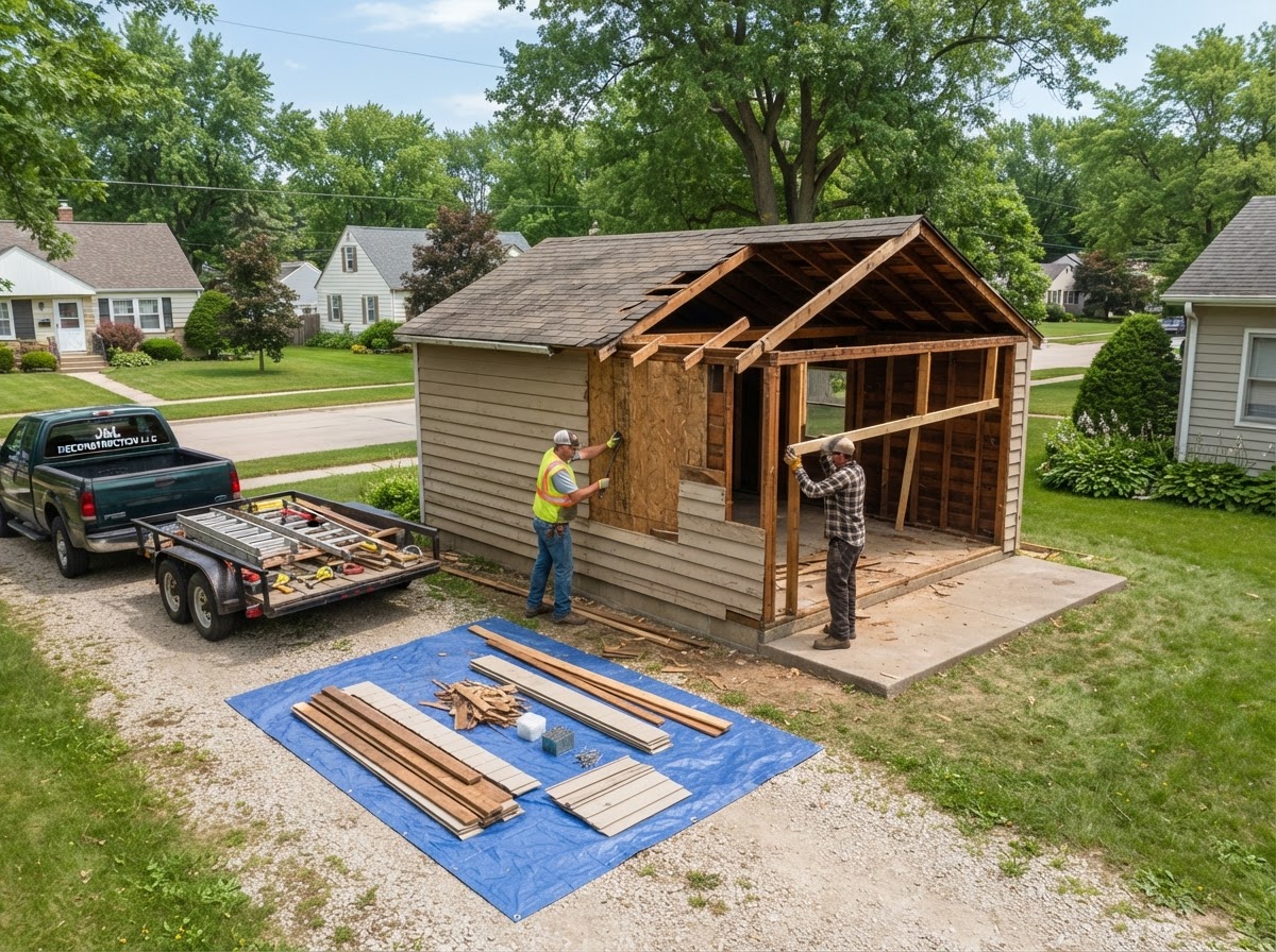 A small detached residential garage being carefully dismantled by a professional crew during a garage demolition project in Fond Du Lac Wisconsin