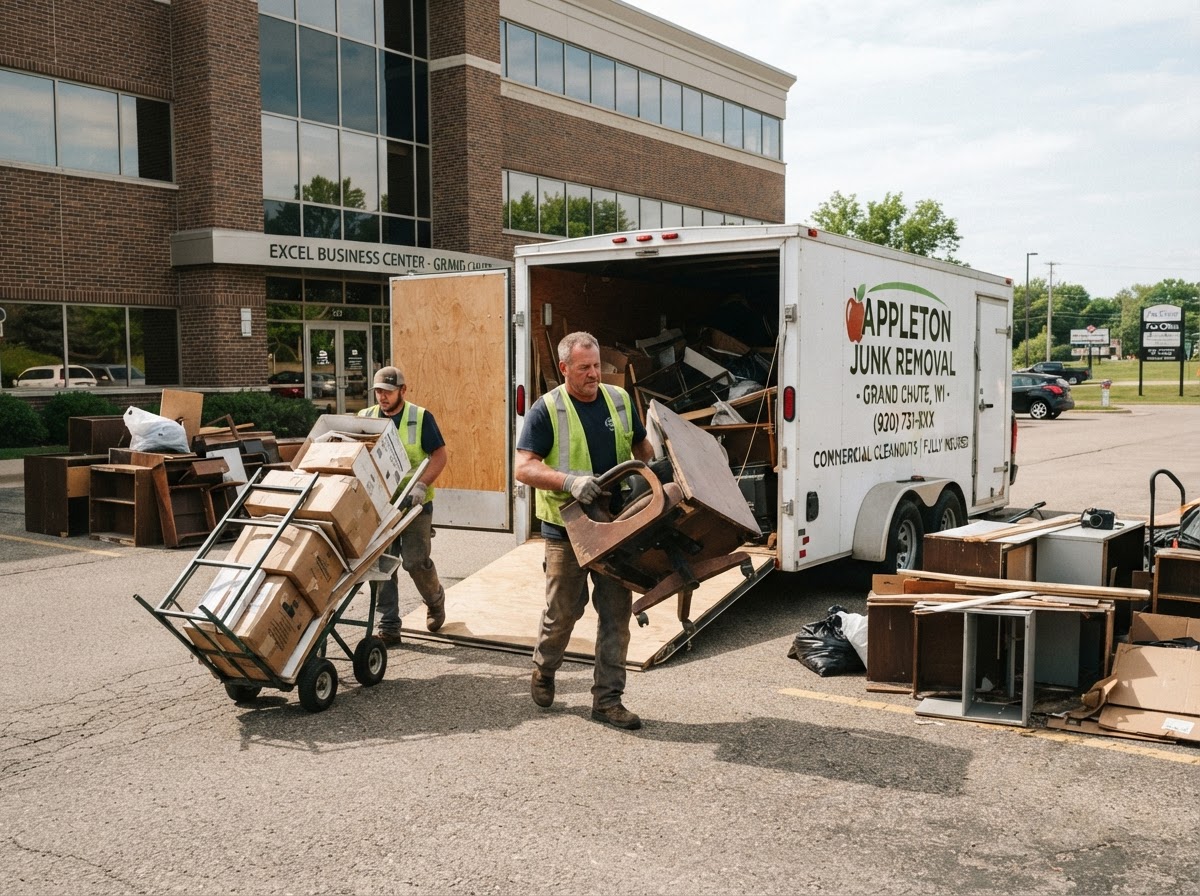 Moul Junk Removal workers hauling old furniture and renovation debris from a commercial property cleanout in Grand Chute Wisconsin