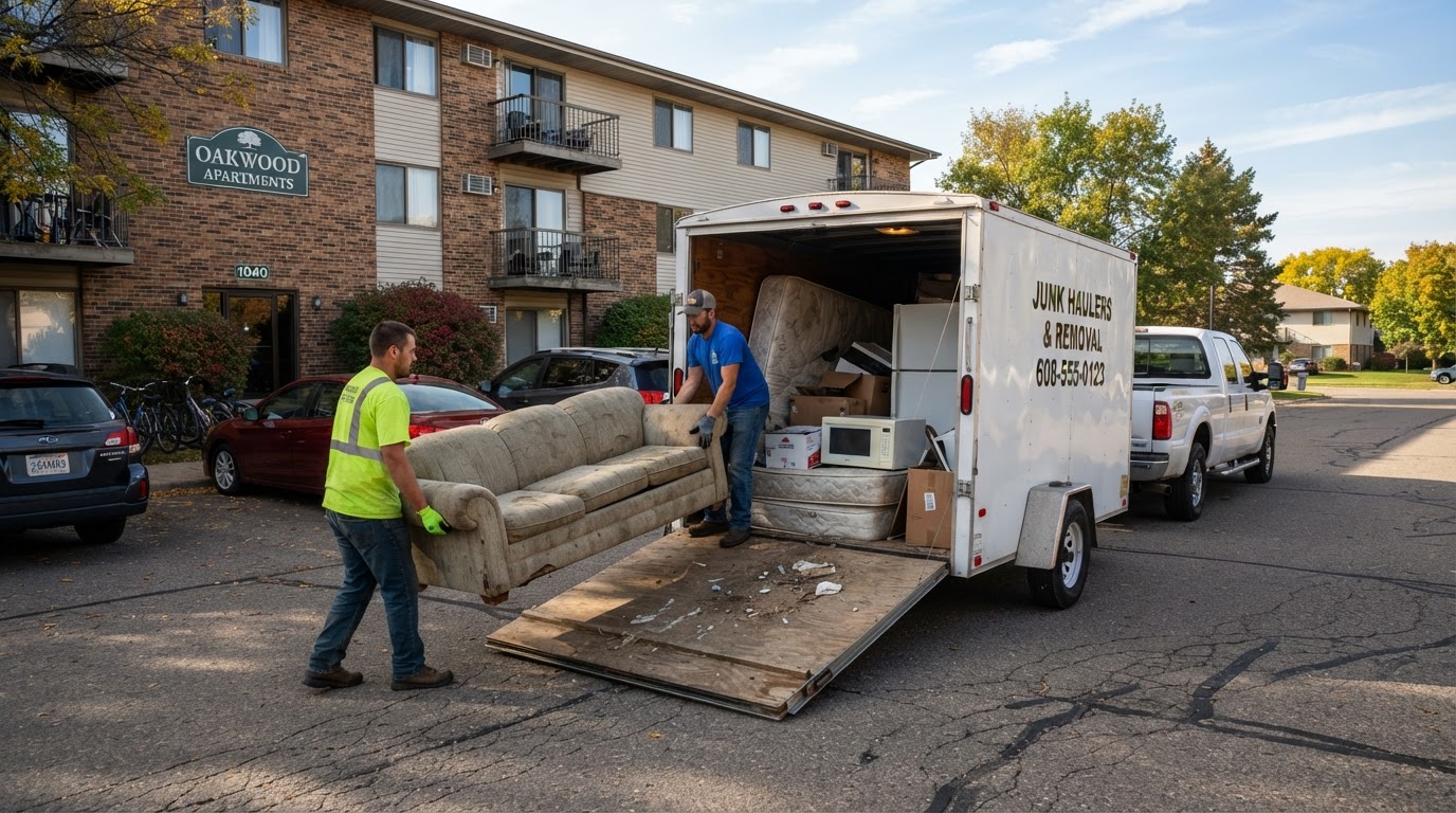 Moul Junk Removal crew loading old couches, mattresses, dressers and bagged debris from a rental move-out into a hauling truck and trailer at an apartment property in Beaver Dam Wisconsin