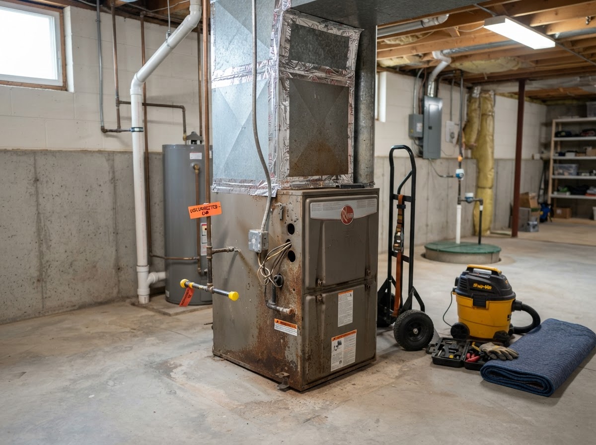 An old disconnected residential furnace sitting in a clean Fond Du Lac Wisconsin basement utility area prepared for removal and hauling
